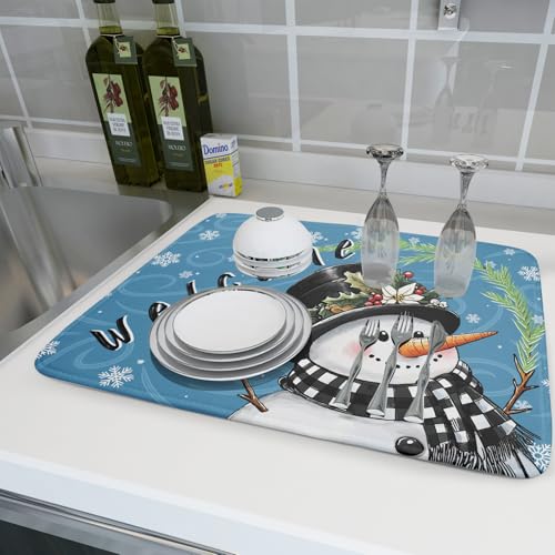 Christmas Snowman Dish Drying Mat for Kitchen Counter 18x24 Blue White Snowflake Welcome Winter Holiday Absorbent Reversible Microfiber Drying Mats Kitchen Countertop Protector Dishes Drainer Rack Pad (18" x 24")