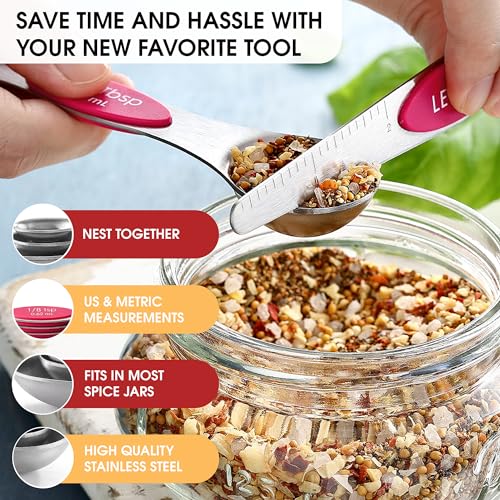 Dual Sided Magnetic Measuring Spoons Set of 8 for Kitchen (Pink / 1-Pack)