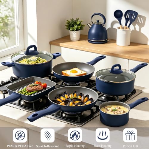 Pots and Pans Set Nonstick (Navy Blue)