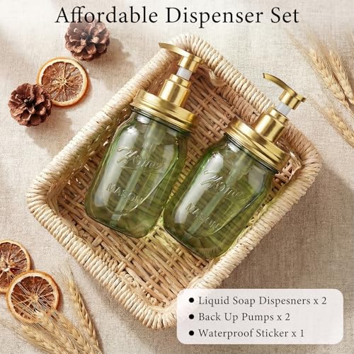 Plastic Mason Jar Soap Dispenser with Pump Lid 16OZ (Green Jar With Gold Pump)