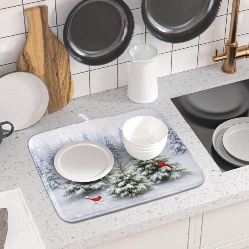 Winter Decorative Dish Drying Mat for Kitchen Sonwy Green Pine Trees Red Birds Dish Drainer Mats 16x18inch Xmas Nature Forest Snow Dish Drying Rack Pad Protector for Countertop Dining (18" x 16")