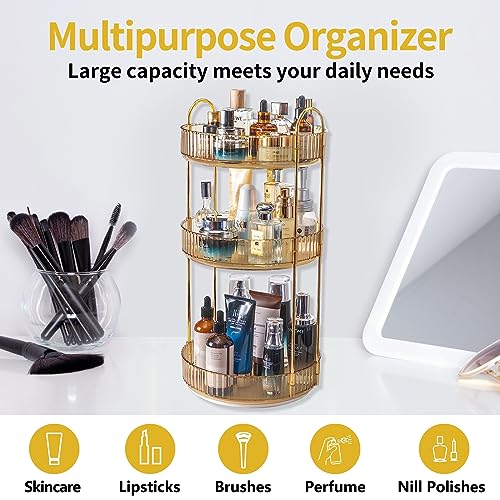 360 Rotating Makeup Organizer for Vanity (Gold / 3 Tier)
