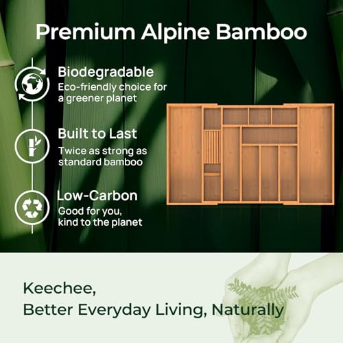 Carbonized Large Bamboo Kitchen Drawer Organizer (12 Slots（Large & Expandable）)