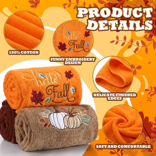 3 Pcs Fall Hand Towels for Bathroom 13.8 x 29.5 Inch Autumn Decorative Bath Towels Sets 100% Cotton Embroidered Pumpkin Maple Thanksgiving Bathroom Decor (Orange and Brown / Pumpkin)