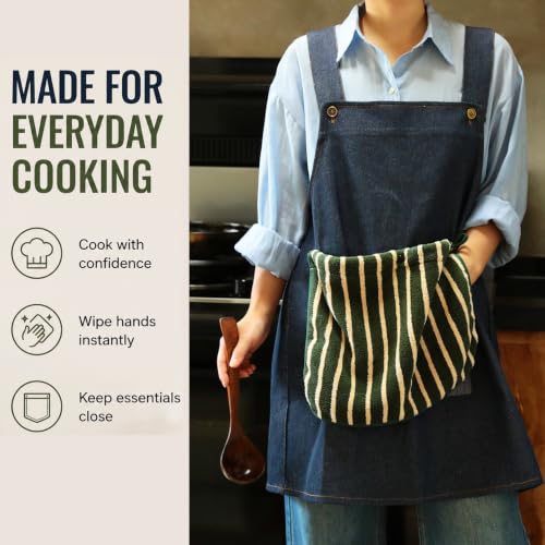 Kitchen Denim Apron with Detachable Hand Towel Clever Design for Clean Hands to Cook Apron with Pockets for Home