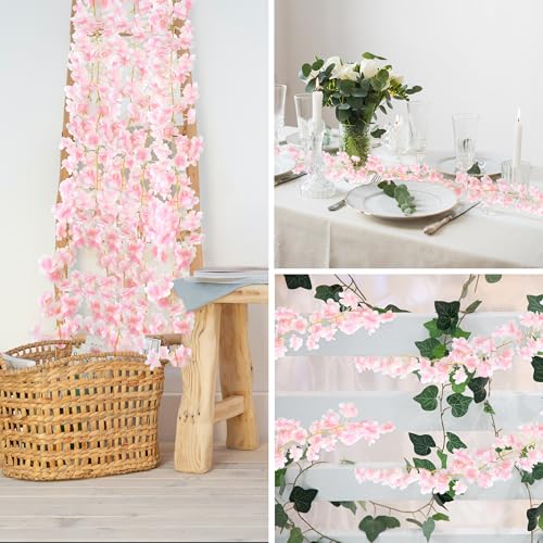 6PC 35.4FT Cherry Blossom Flowers Garland Vine for Decoration (6 Pc Pink Cherry Blossom Garland / Cherry Blossom Garland)