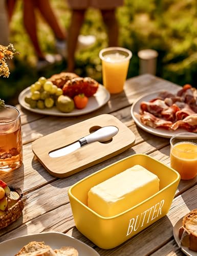 Ceramic Butter Dish with Lid and Knife Silicone Seal for Countertop Yellow (Yellow)
