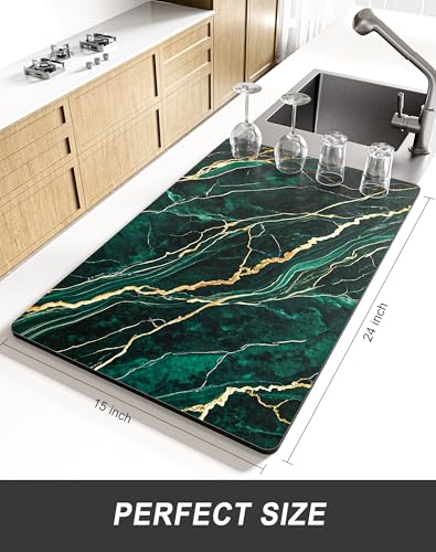 Dish Drying Mat for Kitchen Counter (Green Gold Marble / 15" x 24")