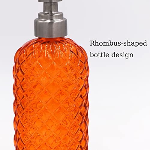 16oz Diamond Pattern Glass Soap Dispenser with Rust Resistant Pump (Orange-2pack)