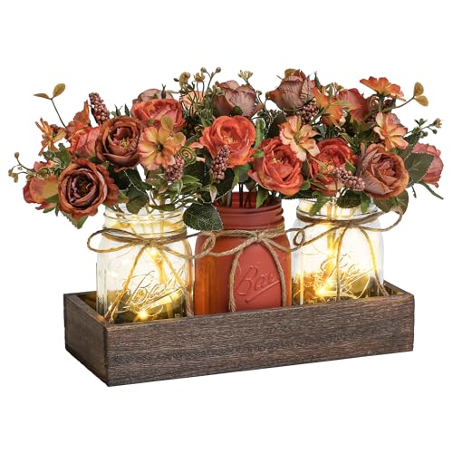 3 Pcs Mason Jar Centerpiece Table Decorations for Dining Table Decor Farmhouse Coffee Table Decor with Wood Tray and Led Light Table Centerpieces for Dining room Kitchen Living Bathroom (orange)
