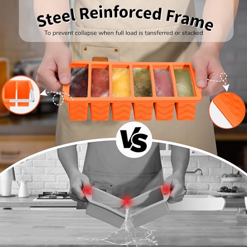2 Pack Silicone Freezer Trays with Lid (Orange（6+2）)