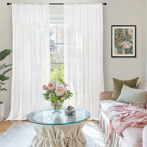 White Linen Semi Sheer Curtains for Living Room 80 Inch Length (White / 52"W x 80"L (Pack of 2))