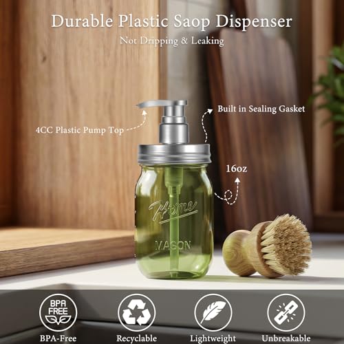 Plastic Mason Jar Soap Dispenser with Pump Lid 16OZ (Green Jar With Silver Pump)