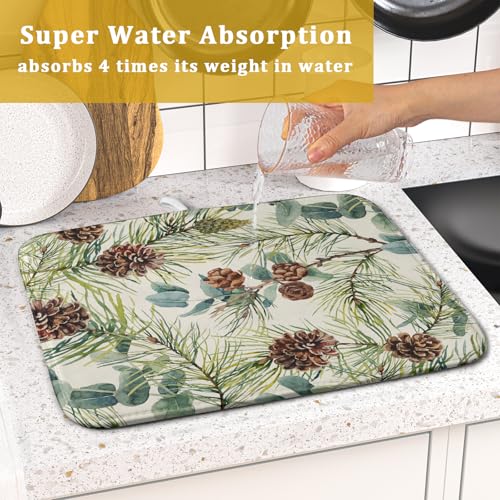 Winter Dish Drying Mat for Kitchen Counter 16x18 Christmas Evergreen Leaves Pinecone Holiday Theme Absorbent Reversible Microfiber Drying Mats Kitchen Countertop Protector Dishes Drainer Pad (16" x 18")