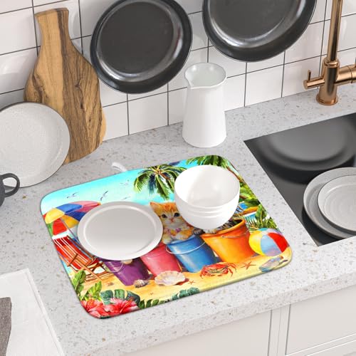 Summer Dish Drying Mat for Kitchen Counter 18 X 16 in Cute Cat Beach (Lovely Cat Blue / 18" x 16")