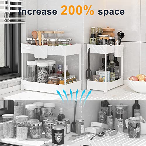 2 Pack Under Sink Organizer with Hooks & Hanging Cup for Kitchen (White / 14.8 Inch)