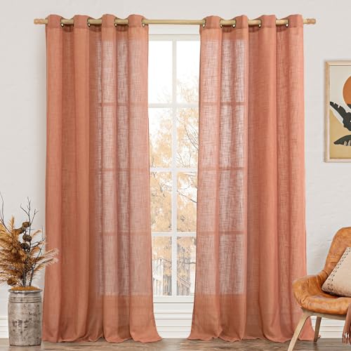Light Filtering Sheer Linen Curtains 102 inches Long for Living Room (52"W x 102"L (Pack of 2) / Terracotta)