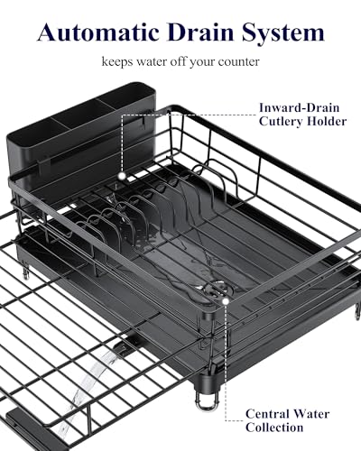 Adjustable Dish Drying Rack (Black / 15.6''-25.2''L × 16.9''W × 8.1''H)