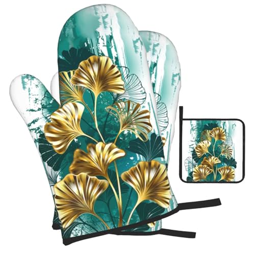 Teal Gold Green Leaves Oven Mitts and Pot Holders Set of 3 (Green Leaves)