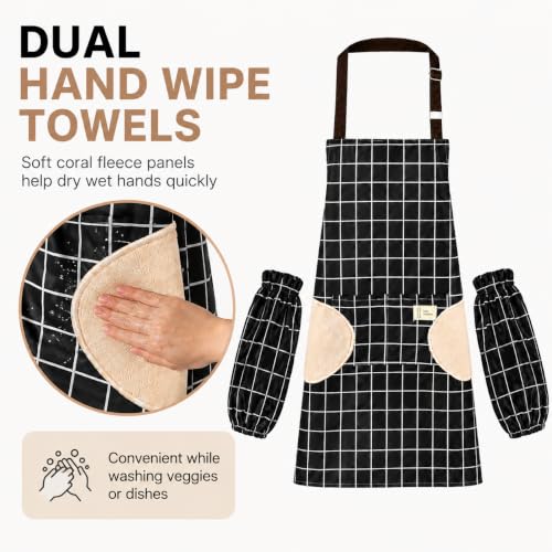 Waterproof Bib Apron Set with Sleeves (Black-grid)