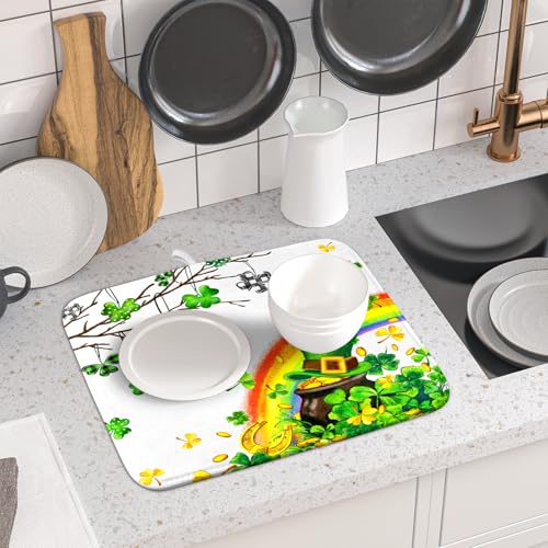St Patrick Dish Drying Mat Small Lucky Clover Tree Shamrock Dish Drainer Mats 16x18inch Spring Elf Hat Rainbow Colorful Fast Drying Absorbent Dish Drying Pad for Kitchen Counter Decor (18" x 16")