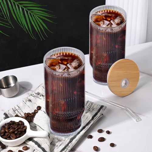 16OZ Ribbed Glass Cups with Lids and Straws (2*Glasses+2*Lids+2*Straws)