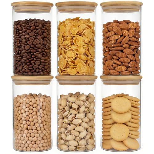 6pcs Glass Food Storage Containers with Bamboo Lids (round-0.6qt*6pcs)