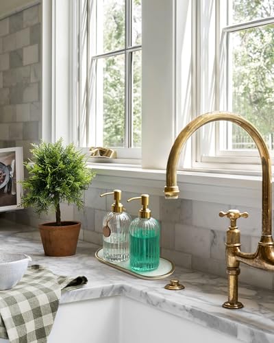 2PACK 18Oz Fluted Glass Soap Dispenser with Golden Rust Proof Pump (Clear-golden Pump-2p / 2 Pack)