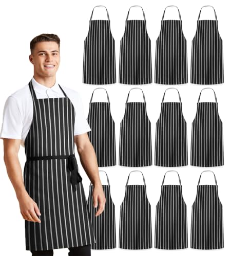 black apron for women black aprons bulk chef apron for men grilling aprons for men White stripe (Pack of 12 / Black (White Stripe))