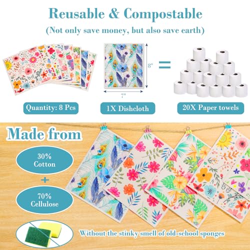 Swedish Dishcloths for Kitchen Dishes (8 Pack-colorful Florals)