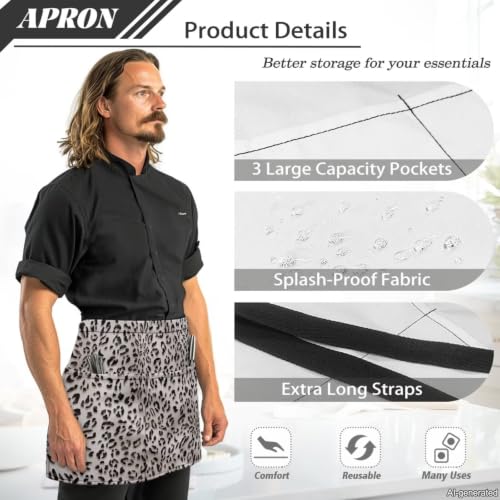 Waist Apron with 3 Pockets (Gray Leopard Print)