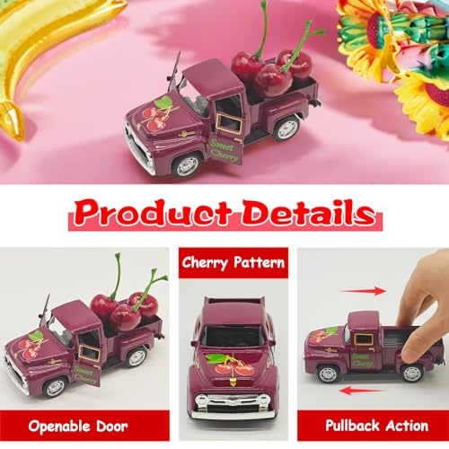 Cherry Decor 4.9″Sweet Cherry Mini Vintage Metal Truck with 3 Fake Cherries for Themed Party Decorations (Cherry-burgundy)