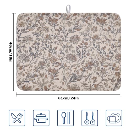 Vintage Floral Dish Drying Mat for Kitchen Counter Brown Antique Flower Microfiber Dish Drainer Mat Rustic Neutral Absorbent Washable Drying Pad Extra Large 18"x24" (Vintage Floral / 24" x 18")
