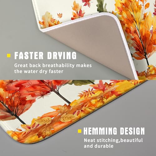 Fall Maple Leaves Dish Drying Mat for Kitchen Counter 18x16 Inch Watercolor Autumn Drying Mat with Absorbent Reversible Microfiber Orange Dish Drainer Mats Rack Pad for Coffee Countertop Protector (Green Orange / 18" x 16")
