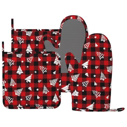 Red Gingham Plaid Christmas Tree Oven Mitts and Pot Holders Set (Red Black White)