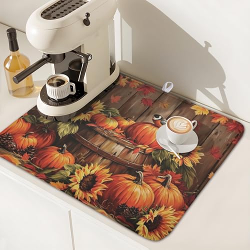 Fall Pumpkin Dish Drying Mat for Kitchen Counter Thanksgiving Autumn Harvest Pumpkin Microfiber Dish Drainer Mat Rustic Farmhouse Absorbent Washable Drying Pad 16"x18" (Fall Pumpkin / 18" x 16")