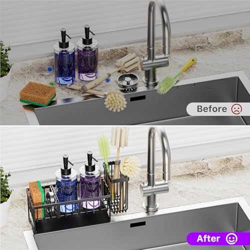 Kitchen Sink Caddy with Dish Soap Dispenser Set (Black+clear)
