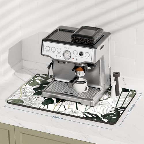 Coffee Mat 12" x 19" Cute Coffee Bar Mats for Espresso Machine Station Accessories and Organizer (Abstract Tropical Leaves / 12" x 19")