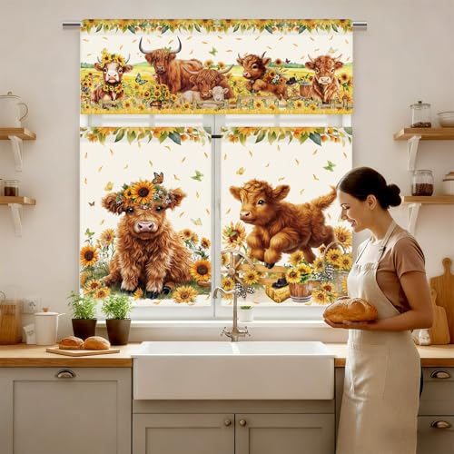13 Pcs Sunflower Highland Cow Kitchen Curtains Valance Decor Set (Sunflower Highland Cow)