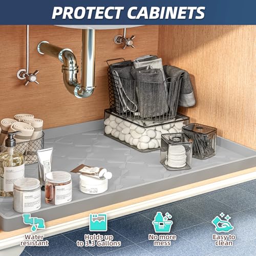 Waterproof Under Sink Mat Silicone 28"x19" (Gray / 28"W x 19"L)