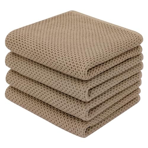 100% Cotton Waffle Weave Kitchen Dish Towels 4 (Tan / 13 X 28 - 4 Pack)