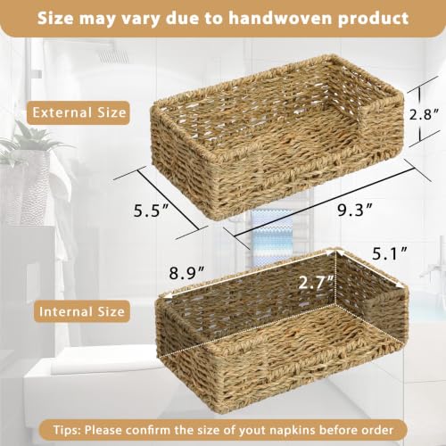 Bathroom Disposable Guest Towel Napkin Holder Long Seagrass Woven Rattan Wicker Table Dinner Paper Hand Guest Towel Napkin Basket Tray Caddy for Kitchen (L9.3" X W5.5" X H2.8")