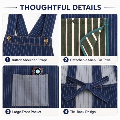 Kitchen Denim Apron with Detachable Hand Towel Clever Design for Clean Hands to Cook Apron with Pockets for Home