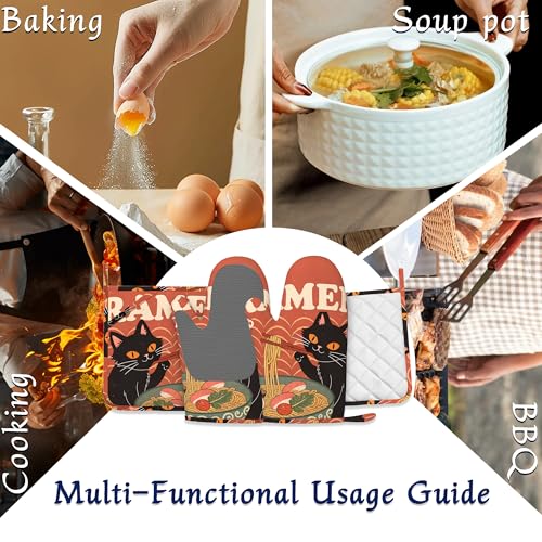 Black Cat Ramen Oven Mitts and Pot Holders Abstract Funny Silicone Kitchen Accessories Set of 4 Heat Resistant Non (Black Cat Ramen,abstract Funny)