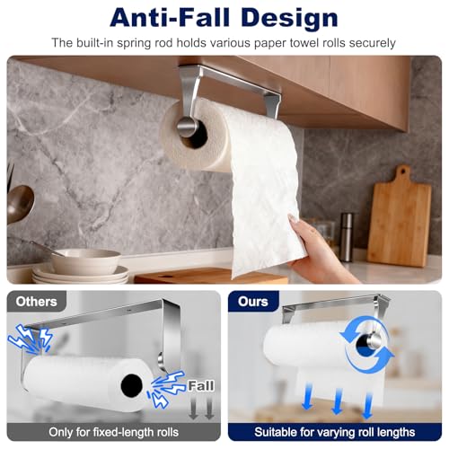 Paper Towel Holder Wall Mount Adhesive Paper Towel Holder Under Cabinet Toilet Roll Hanging Holders Rack for Kitchen Bathroom Garage Counter (Silver)