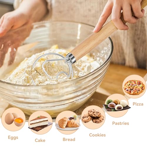 Danish Dough Whisk Dutch Bread Mixer Stainless Steel Hook Wooden Handle Baking Tools for Sourdough Pizza Pastry Cake Batter Making (White Wax Wood-1K / 1 Pack)