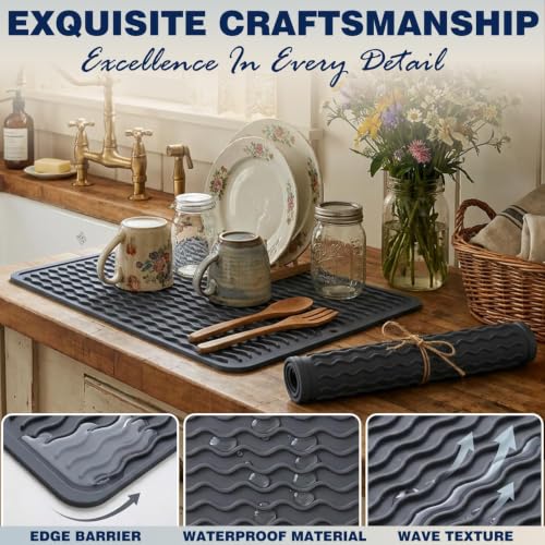 2 Pack Caketime Silicone Dish Drying Mat for Kitchen Counter Waterproof Place mats Sink Protector Stove Top Organizer Appliance Storage Vanity Trays Dryer Rack Drainers Items 15"x11.5" Beige (Beige / 15"*11.5")