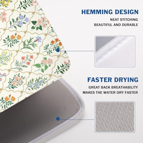 Floral Dish Drying Mat for Kitchen Counter Spring Summer Wild Flowers Diamond Pattern Microfiber Dish Drainer Mat Rustic Absorbent Washable Drying Pad Extra Large 18"x24" (Spring Summer Floral / 24" x 18")