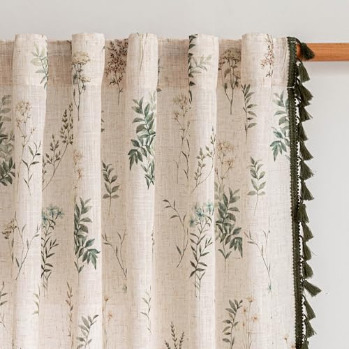 Linen Boho Floral Curtains 84 inches Long 2 Panels with Green Tassels Leaf Patterned Spring Vintage Cottage Core Light Filtering Semi Sheer Curtains for Living Room Bedroom (Green / 50"W x 84"L (Pack of 2))