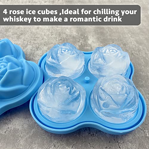 Rose Ice Cube Tray 2.5 Inch [1 Mold + 1 Funnel + 4 Stoppers] (Four 2.5-inch Rose Ice (Blue) / 1 Pack Rose Ice Cube Tray)